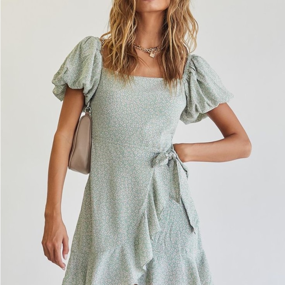 Green Ruffled Tie Front Mini Dress